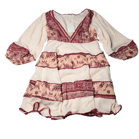 Free People My Love Mini Dress Long Sleeve Pink Red Boho Floral V Neck XS - Picture 3 of 10